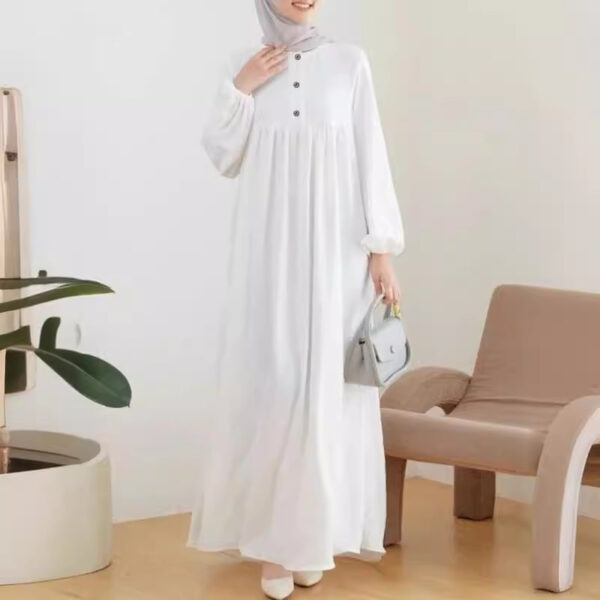 Muslim Women's Robe Fashion Casual Bubble Sleeve Simple Loose Solid Color Dress - Image 3