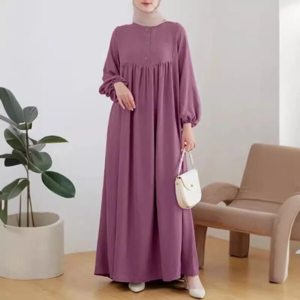 Muslim Women's Robe Fashion Casual Bubble Sleeve Simple Loose Solid Color Dress - Image 2
