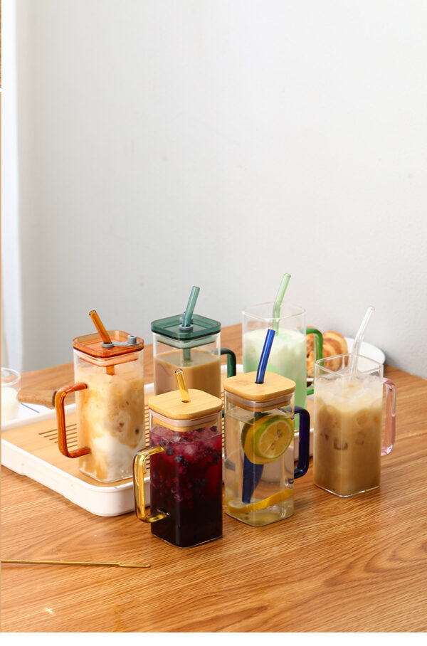 Square Glass Cup With Color Handle Milk Juice Cup Transparent Simple Household Cup Borosilicate Glass Water Cup - Image 9