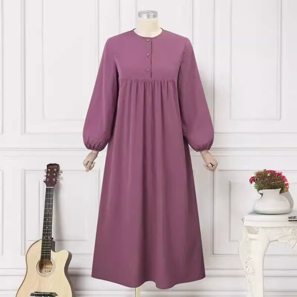 Muslim Women's Robe Fashion Casual Bubble Sleeve Simple Loose Solid Color Dress - Image 4