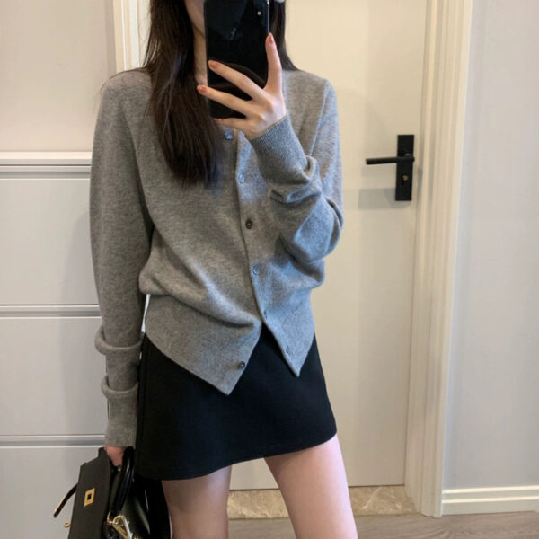 Grey Cardigan Wool Crewneck Single-breasted Knitted Cardigan - Image 3